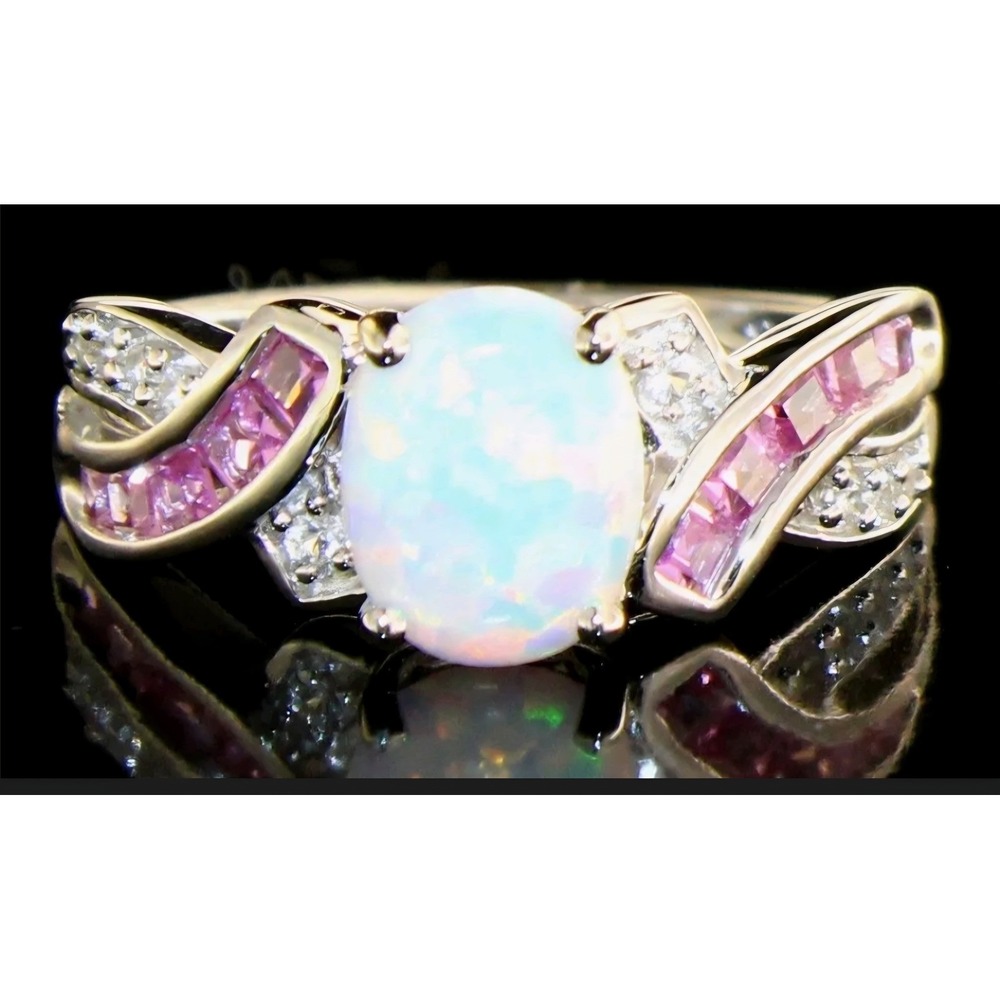 925 Sterling Silver Lab Created Opal Pink Topaz Sapphire Dinner Ring Size 7